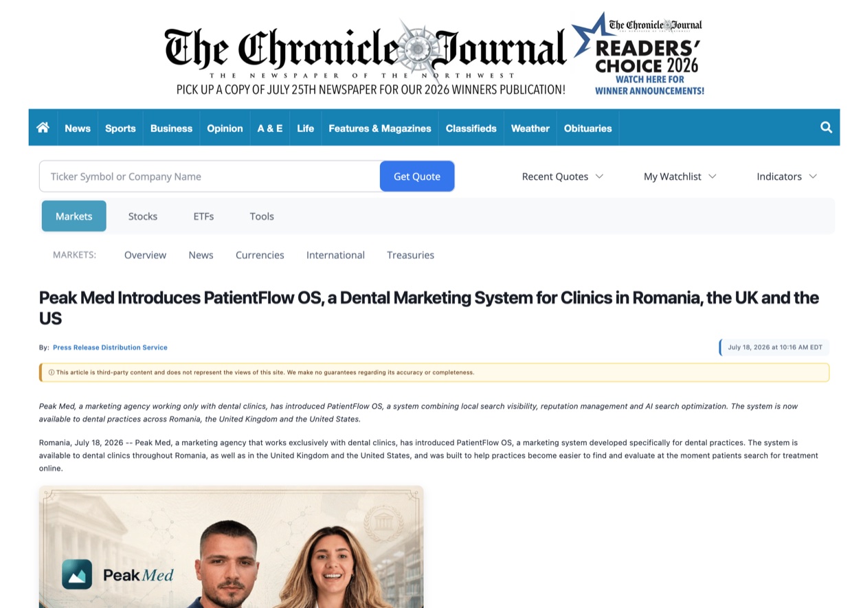 Articol The Chronicle Journal despre sistemul PatientFlow OS dezvoltat de Peak Med
