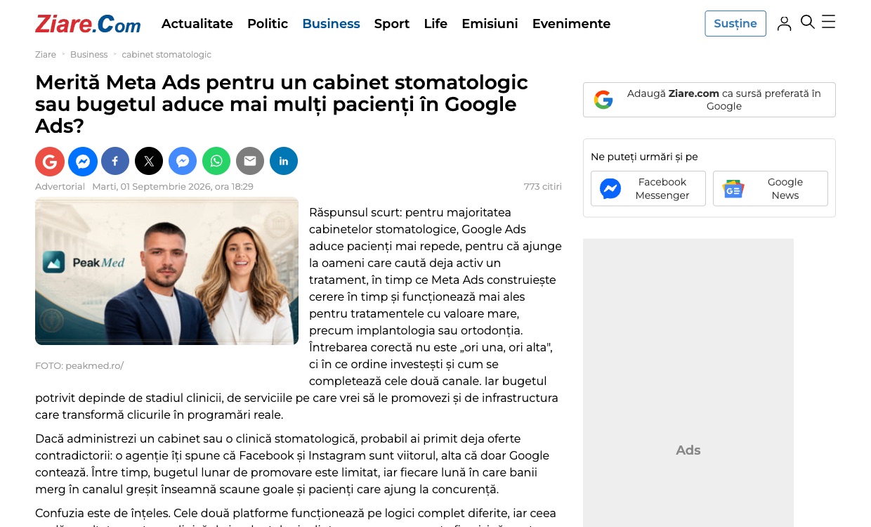 Articol pe Ziare.com: Merită Meta Ads pentru un cabinet stomatologic sau bugetul aduce mai mulți pacienți în Google Ads?